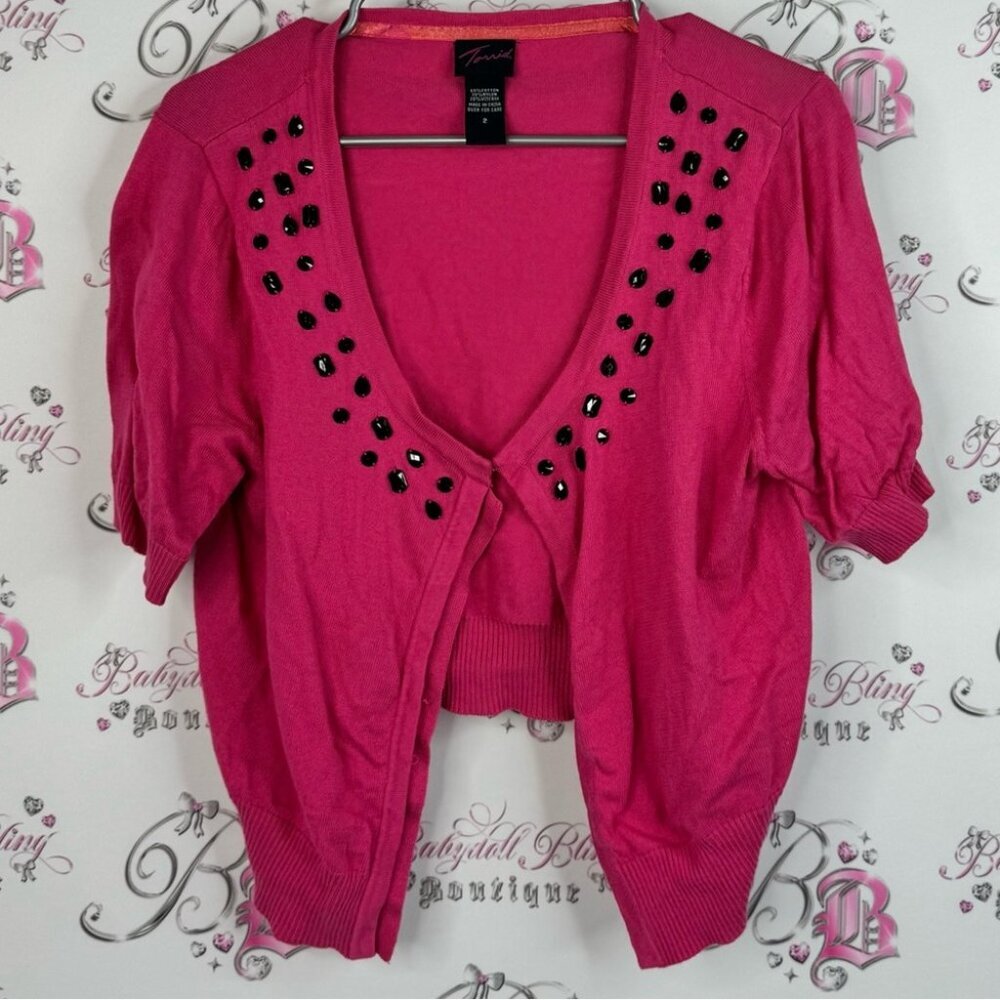 Torrid shrug jewels black gems 💎 Pink Cardigan with Black Studs hidden clasps